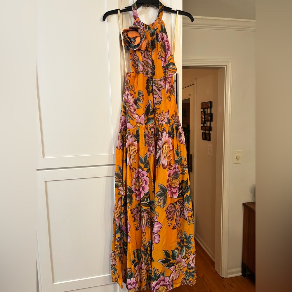 Farm Rio Orange Wonderful Bouquet Maxi Dress rosette halter neck - Picture 4 of 9